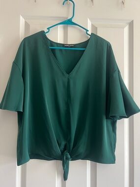 Modern Works Emerald Green V‑Neck Tie‑Front Blouse